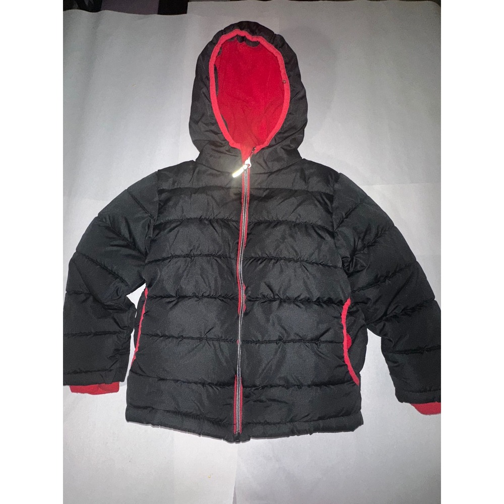 Faded Glory Kids Puffer Jacket Rich Black Red Fleece Lined Hooded FB47305 XS 4-5